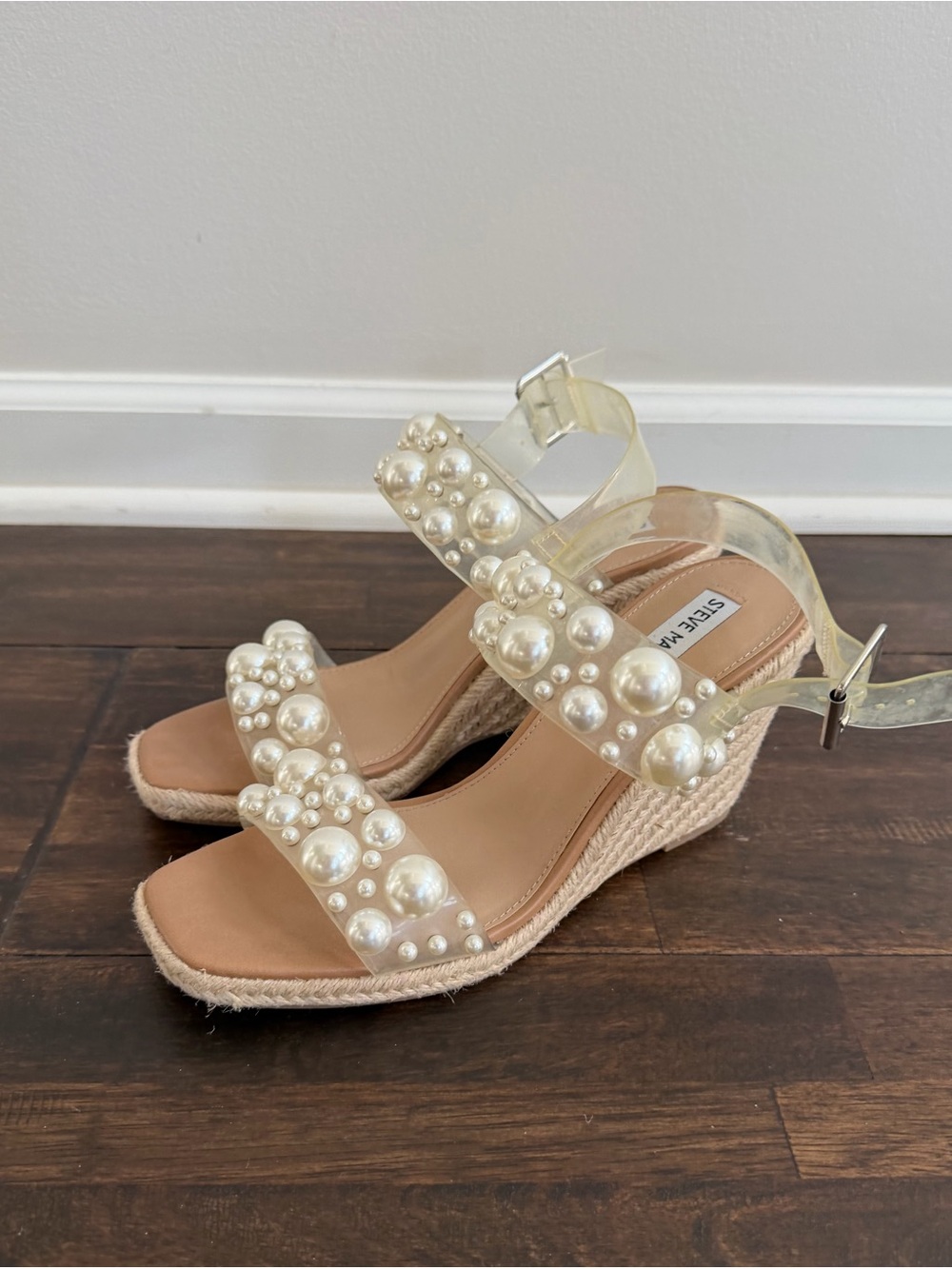 Steve Madden Pearl Embellished Clear Strap Espadrille Wedge Sandals - Picture 2 of 5